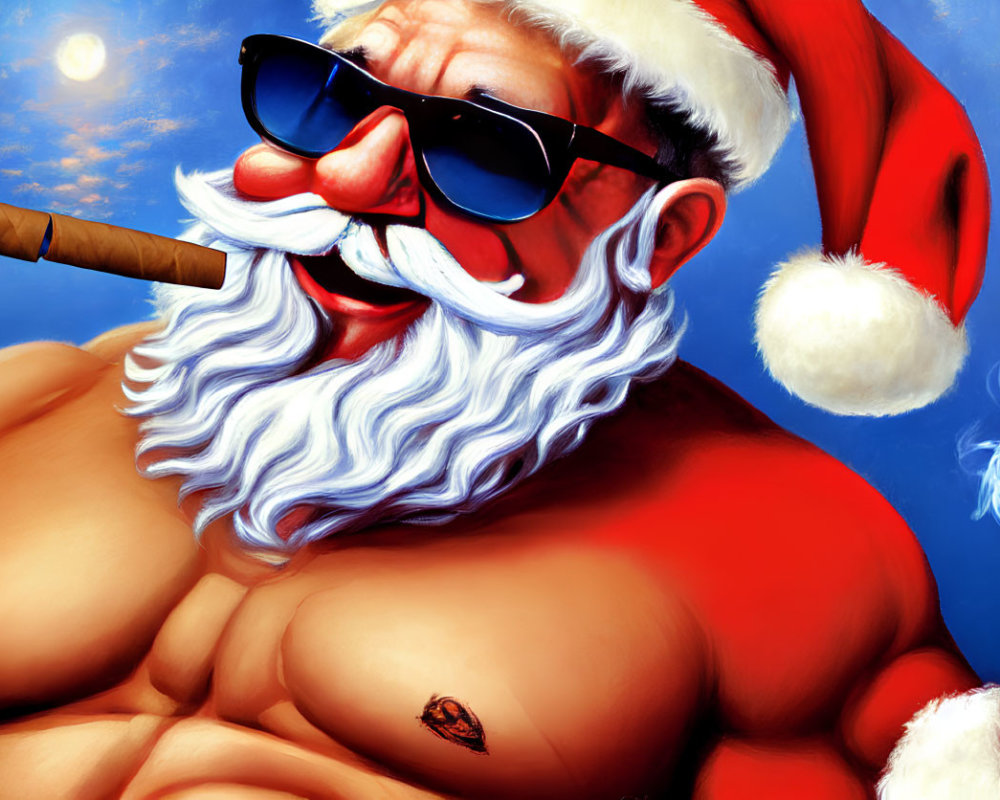 Muscular Santa Claus illustration with sunglasses and cigar on blue sky backdrop
