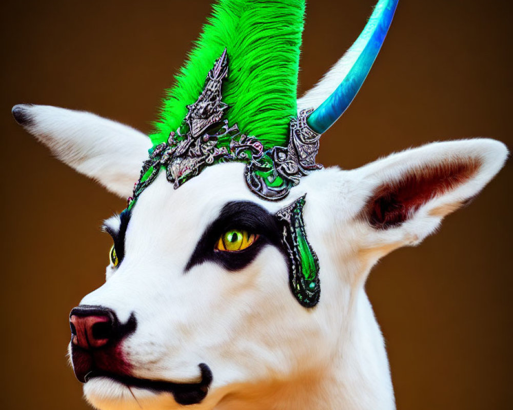 Fantastical white goat portrait with artistic makeup and costume