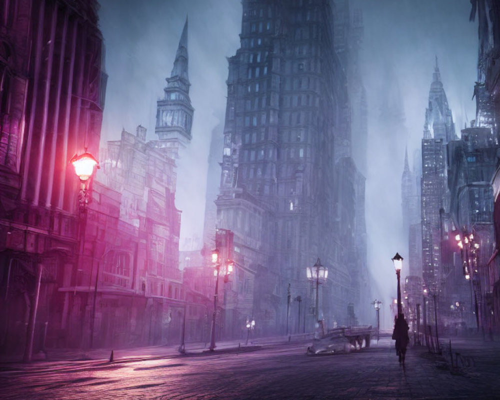 Gothic cityscape at dusk with fog, tall buildings, cobblestone streets, warm street