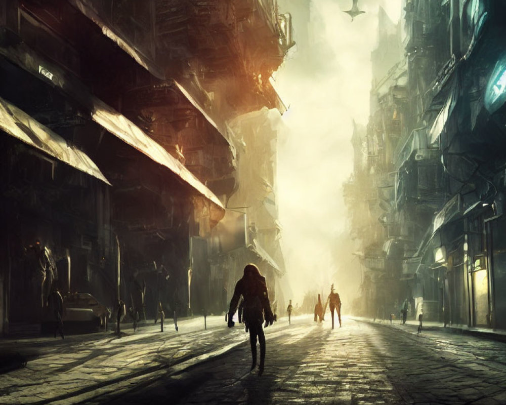 Futuristic dystopian city street with sunlight and towering buildings