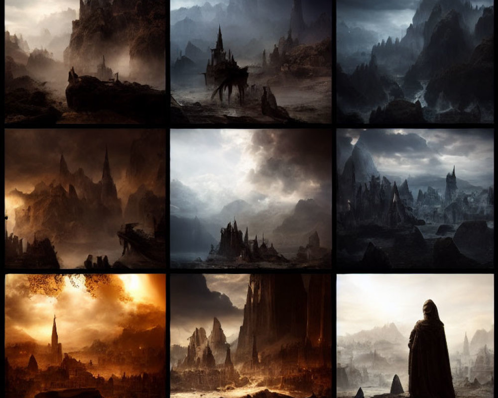 Dark Fantasy Collage: 12 Atmospheric Landscapes with Castles, Mountains, and Hooded