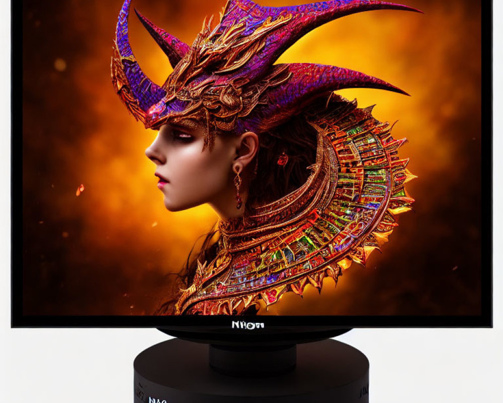 Vibrant fantasy character with golden headdress on computer monitor
