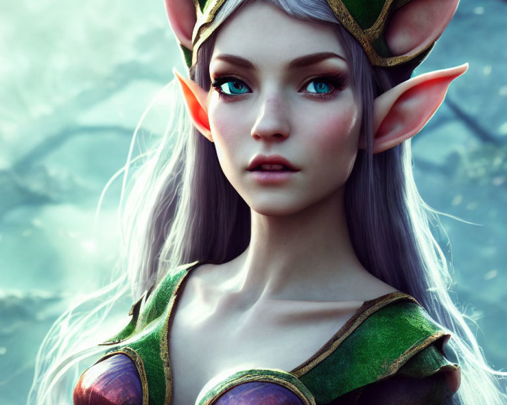 Fantasy elf digital artwork with pointy ears and green headgear