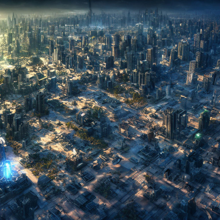 Futuristic cityscape with skyscrapers, ruins, and glowing portal at dusk