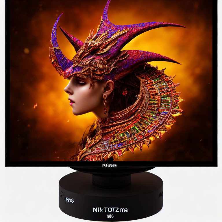 Vibrant fantasy character with golden headdress on computer monitor