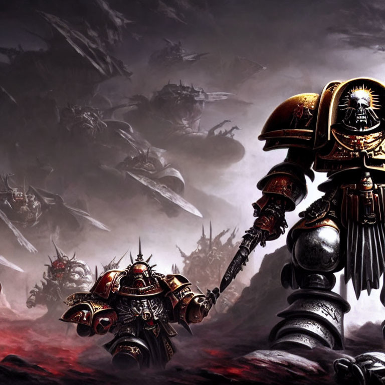 Power-armored space marine on battlefield with dark skies and fellow warriors.
