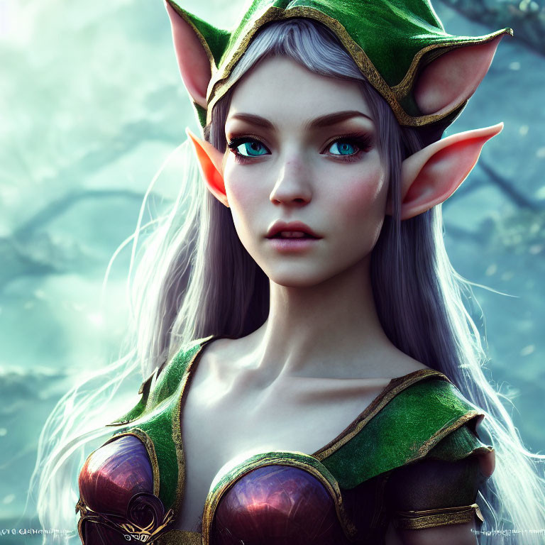 Fantasy elf digital artwork with pointy ears and green headgear