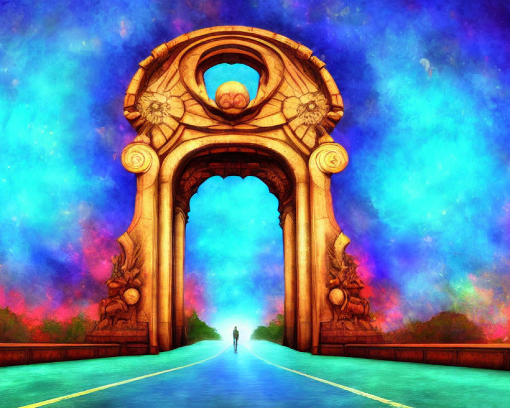 Digital artwork: Person near ornate archway under colorful sky