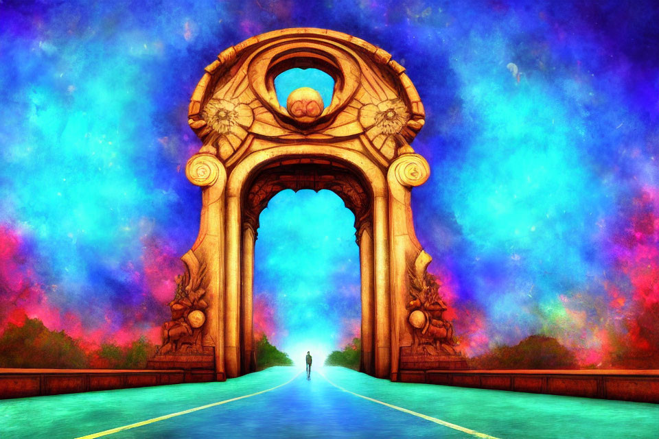 Digital artwork: Person near ornate archway under colorful sky