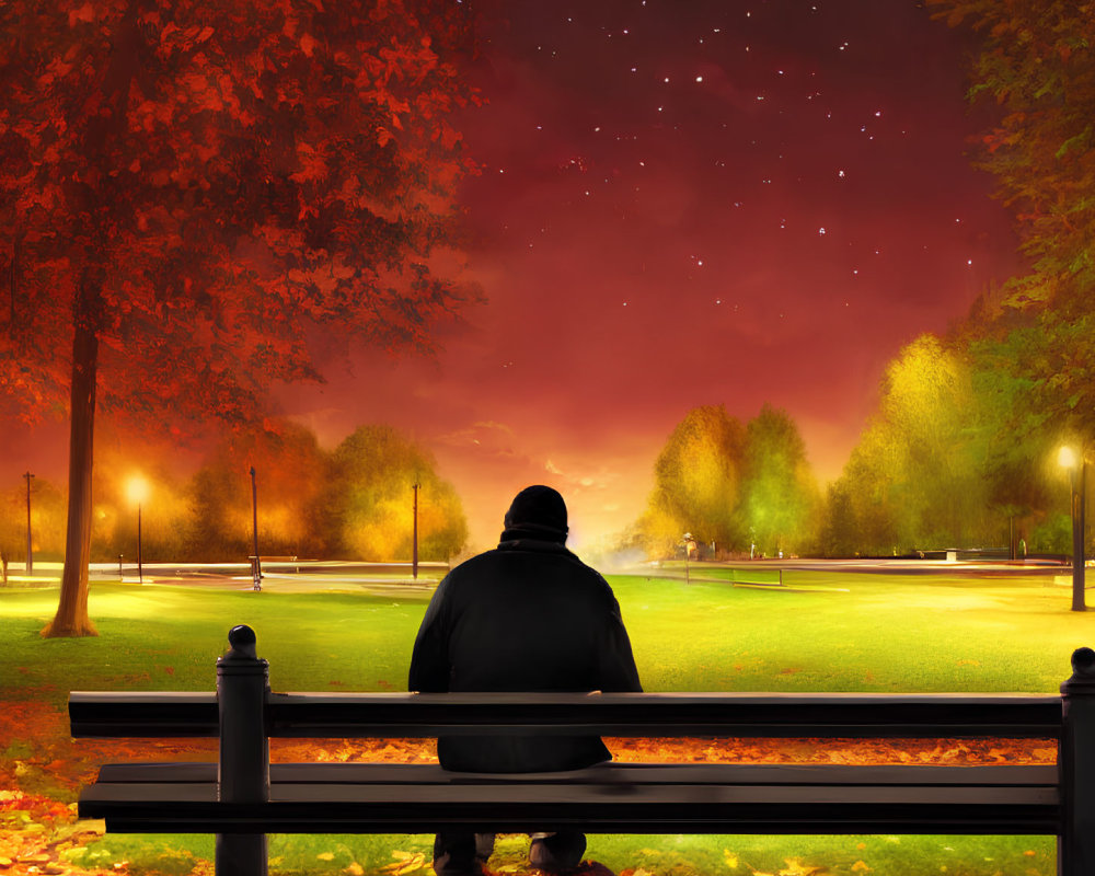Person sitting on park bench under autumn trees at night with starry sky.