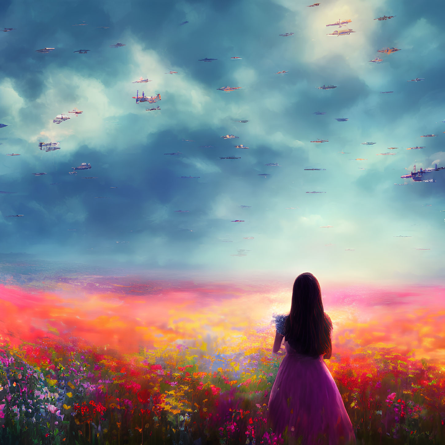 Girl in purple dress in vibrant flower field with dreamy clouds and floating ships