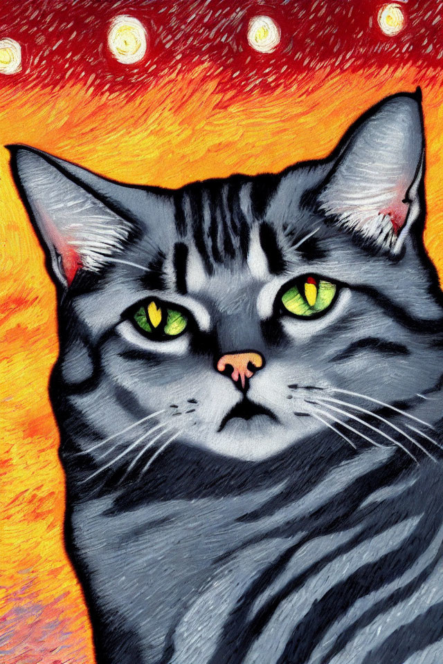 Stylized grey tabby cat painting with green eyes and stripes on vibrant orange background