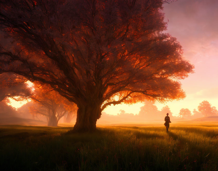 Majestic tree with fiery orange canopy at misty sunrise