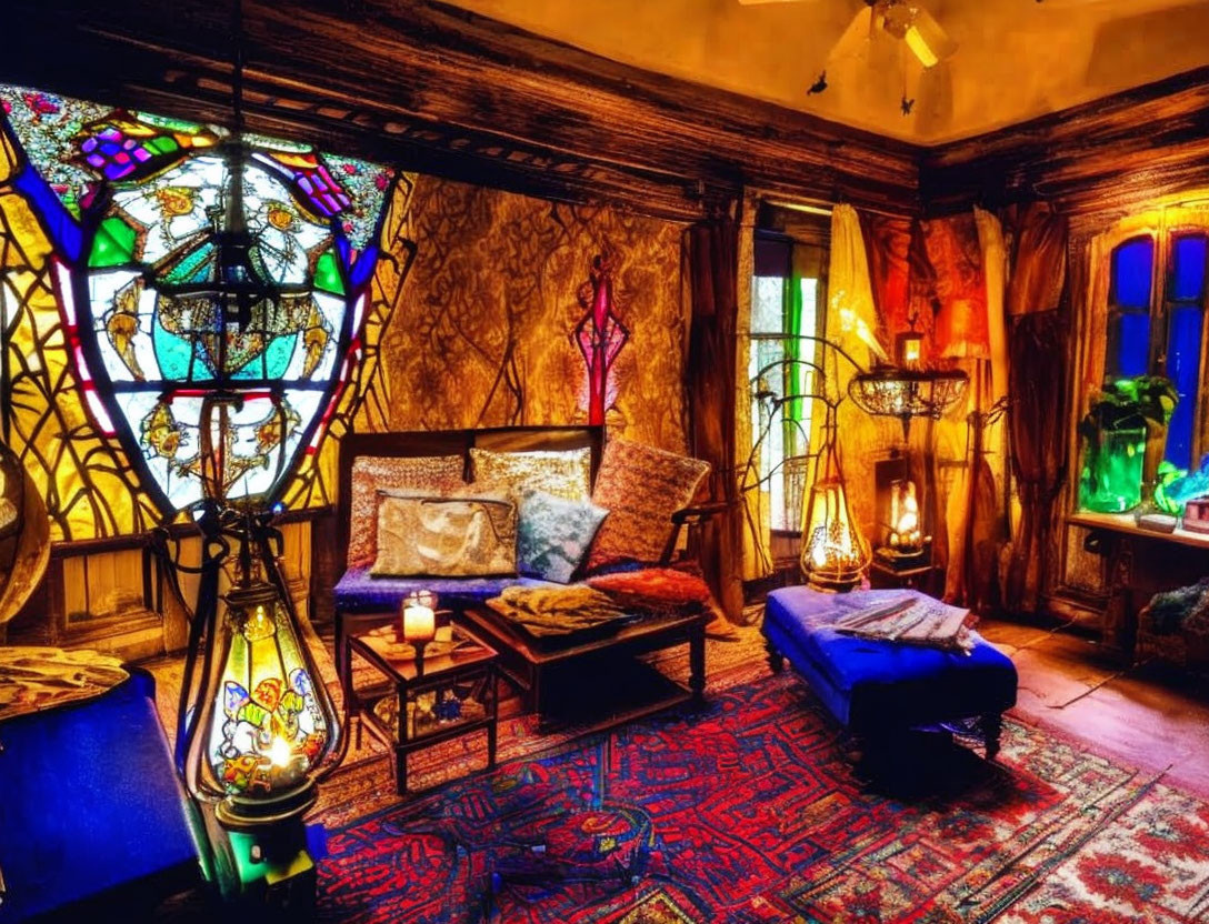 Vibrant Bohemian Room with Stained Glass Windows & Eclectic Decor