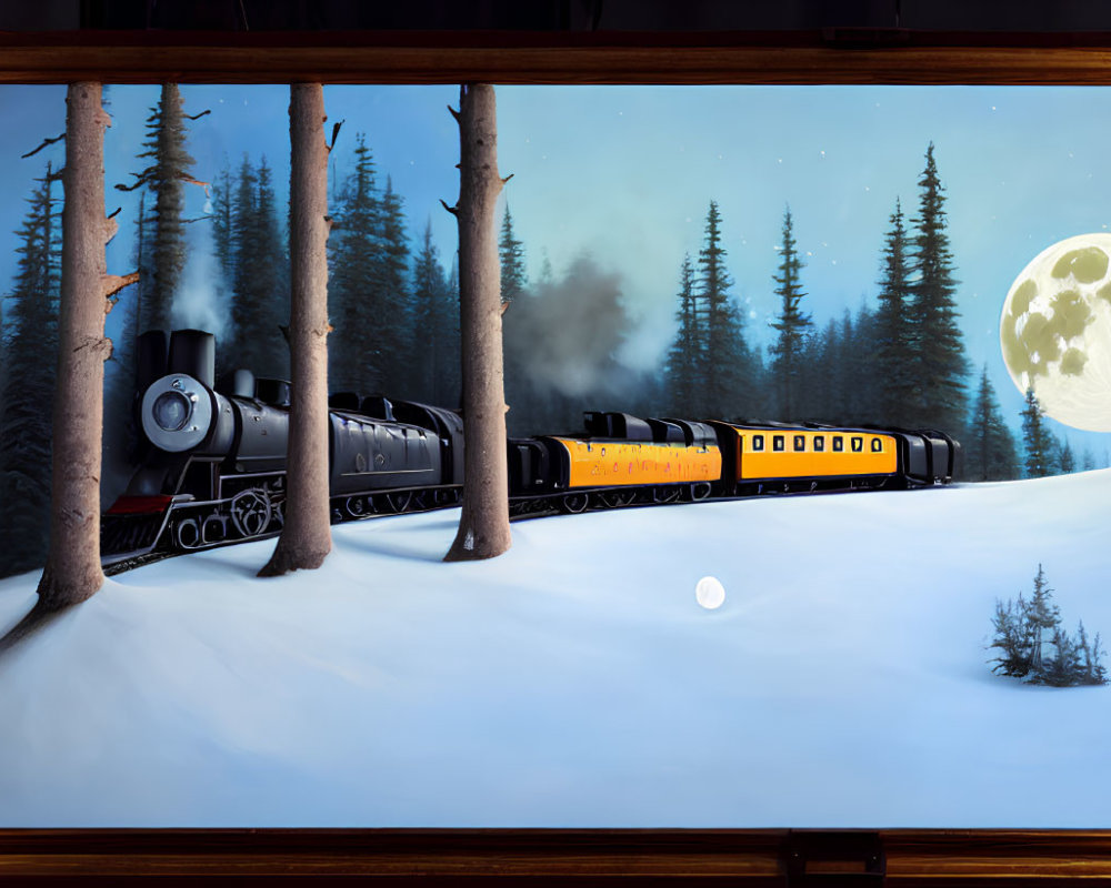 Vintage steam train in snowy night scene with full moon and pine trees viewed through window