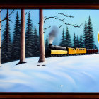 Vintage steam train in snowy night scene with full moon and pine trees viewed through window