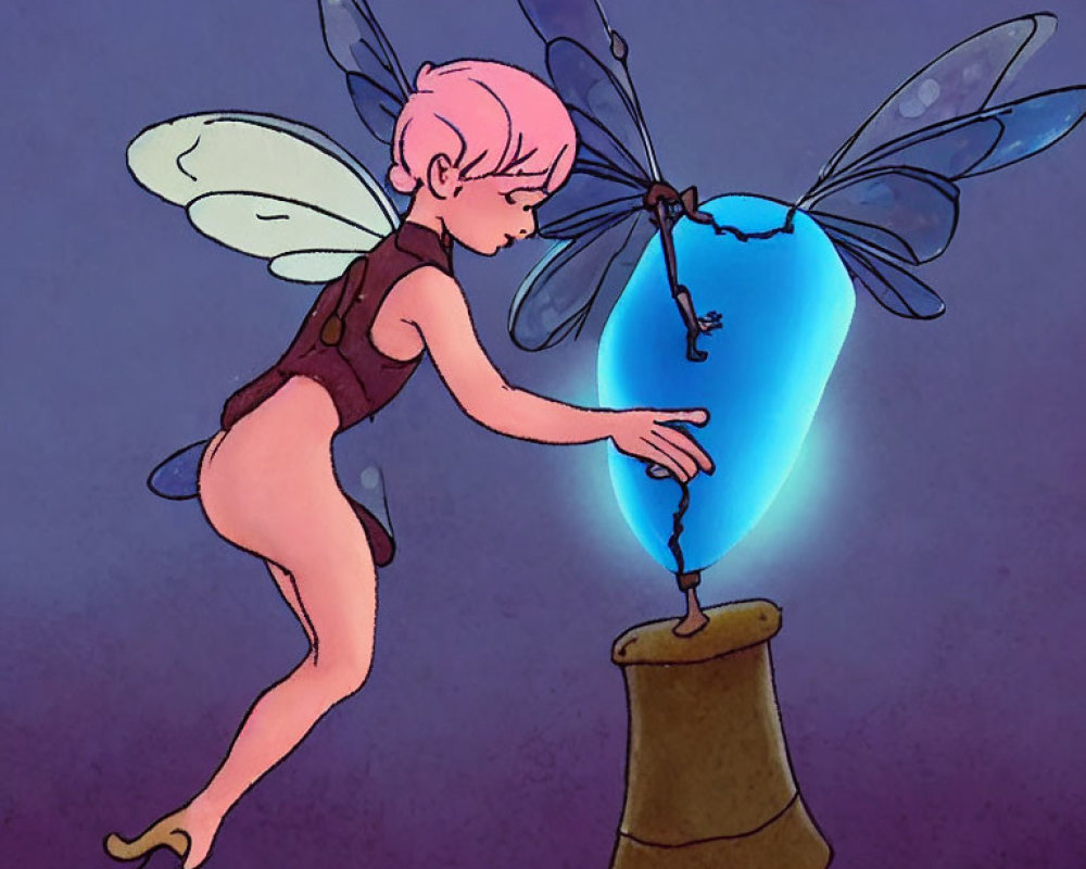 Whimsical fairy with delicate wings and magical blue heart-shaped light illustration