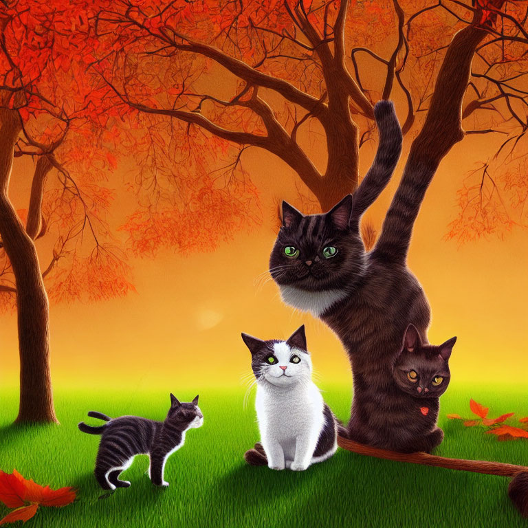 Three Cartoon Cats Under Autumn Tree with Red Leaves