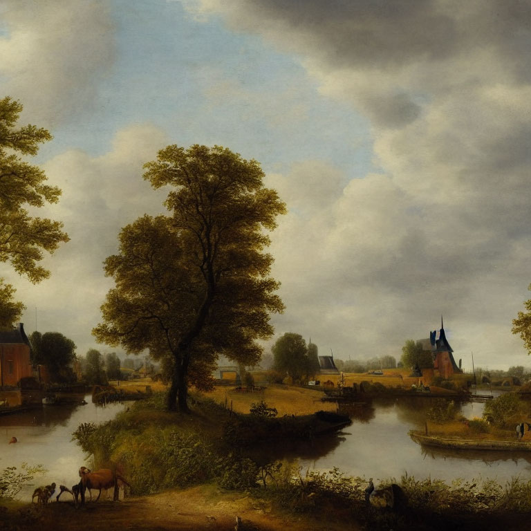 Tranquil river scene with cows, rowboat, and windmill under cloudy sky