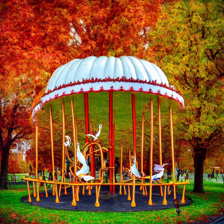Whimsical white carousel in vibrant autumn setting