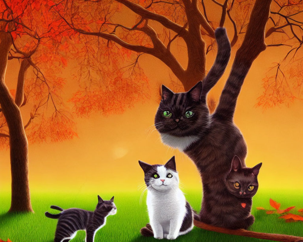 Three Cartoon Cats Under Autumn Tree with Red Leaves