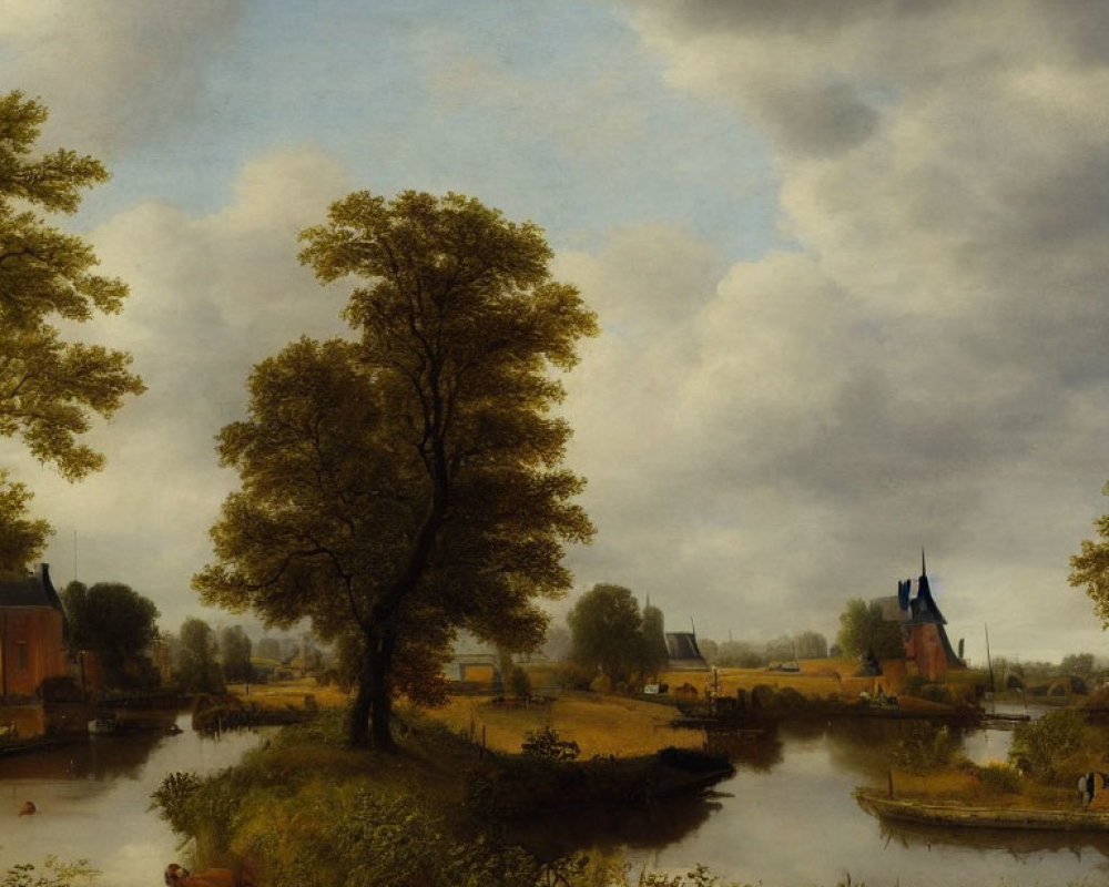 Tranquil river scene with cows, rowboat, and windmill under cloudy sky
