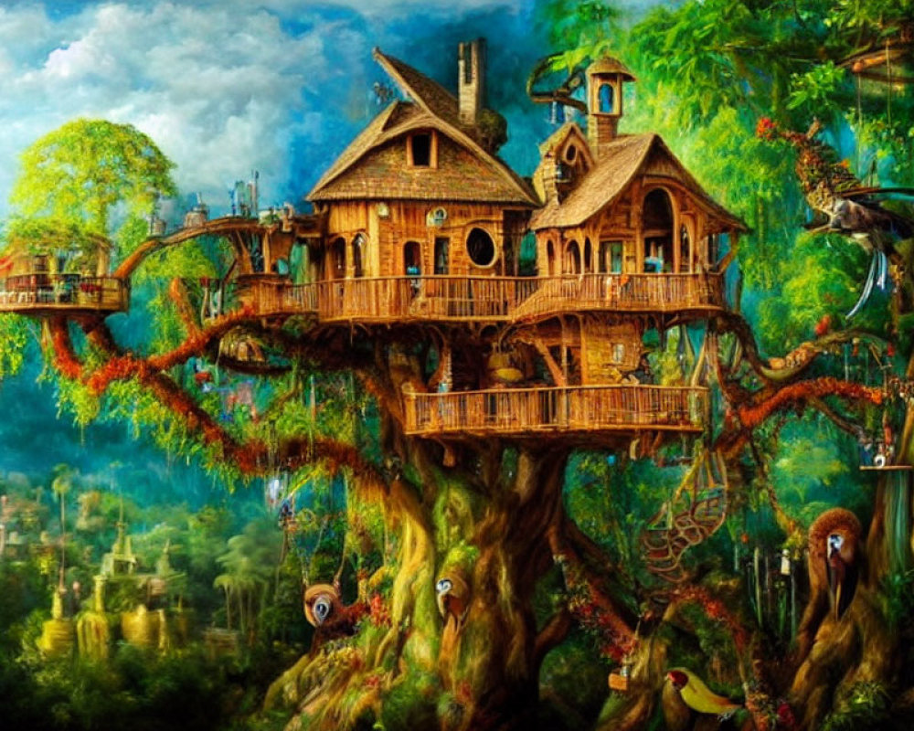 Detailed Treehouse in Lush Forest with Birds & Flowers