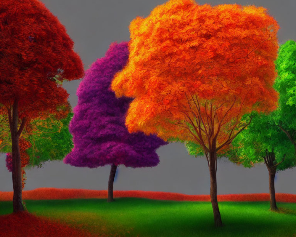 Colorful Trees in Orange, Purple, Green with Red Ground