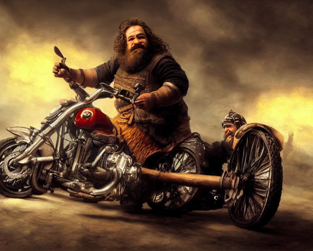 Bearded man in medieval attire rides chopper motorcycle through flames