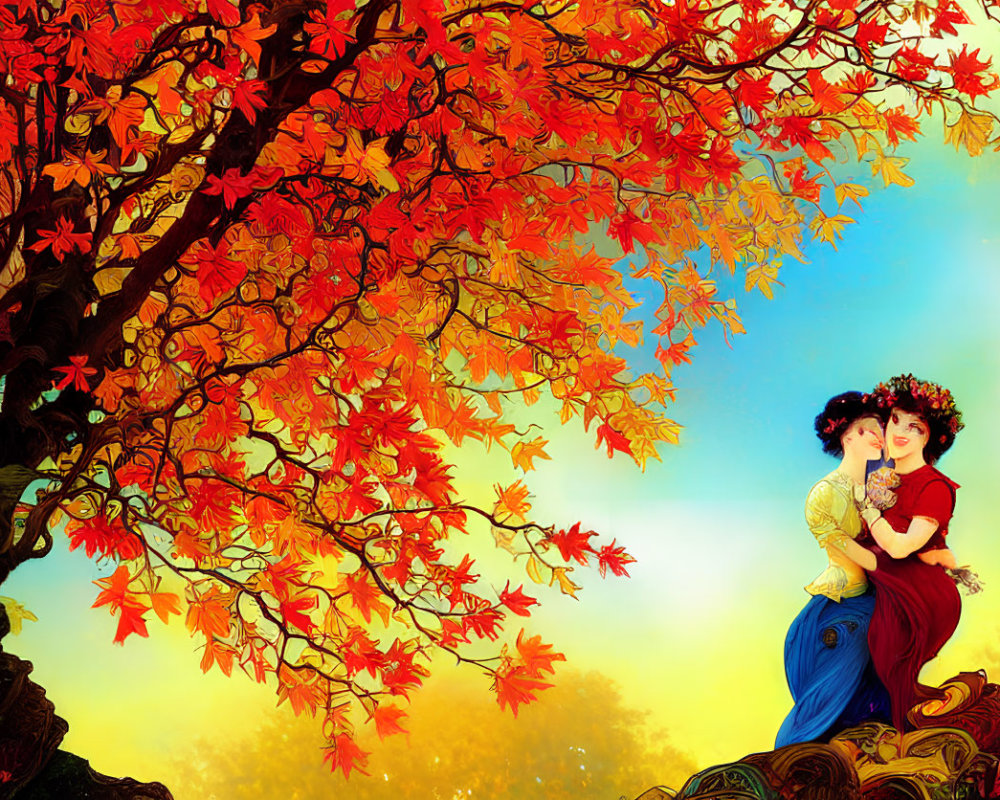 Animated characters embrace under vibrant autumn tree against golden sky