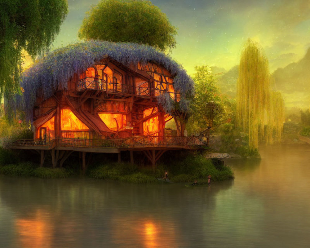 Cozy wooden cottage by riverbank at twilight