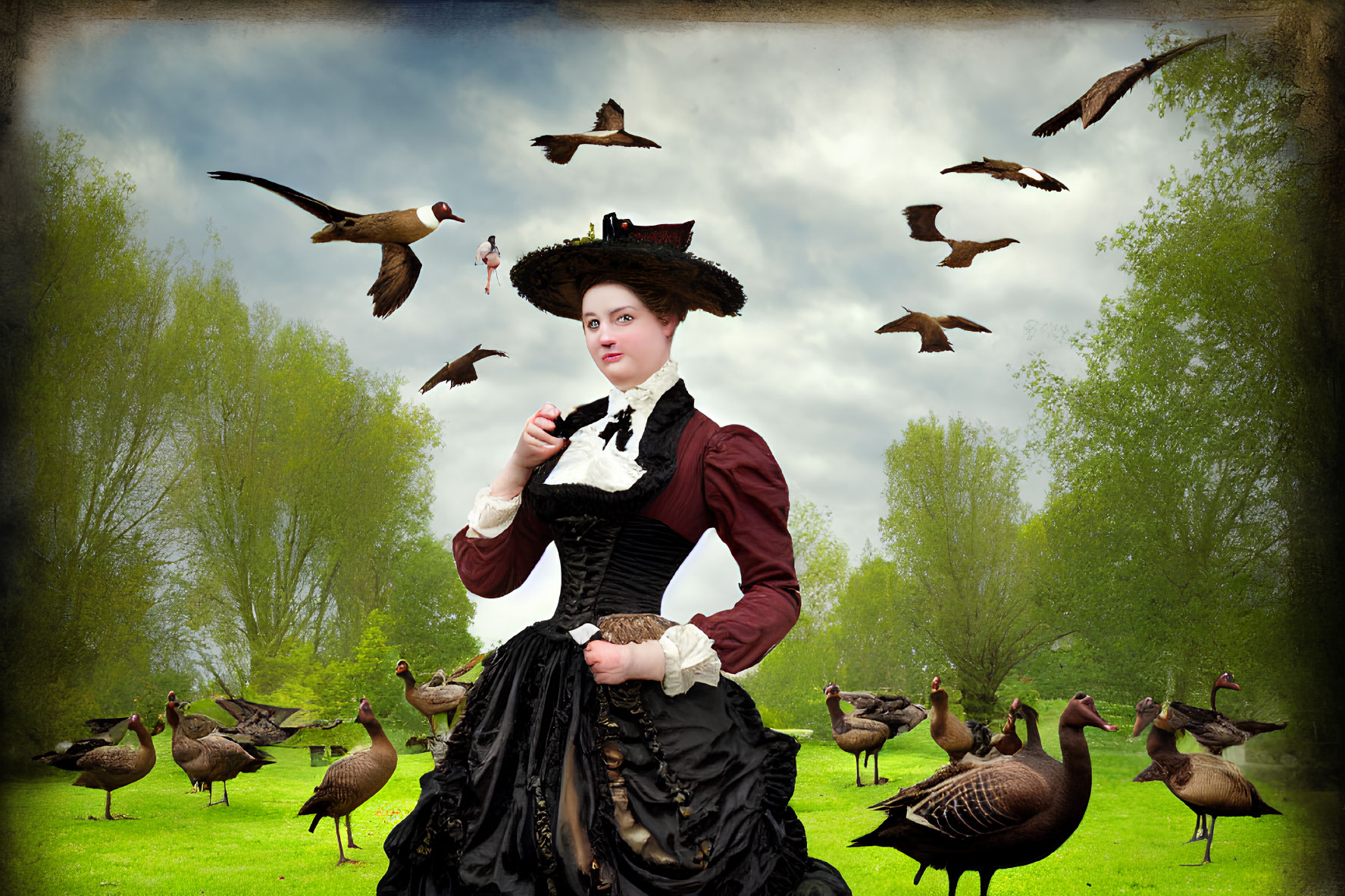 Victorian woman with umbrella surrounded by ducks and birds in meadow
