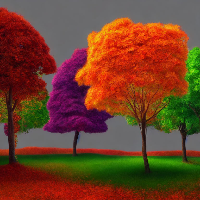 Colorful Trees in Orange, Purple, Green with Red Ground