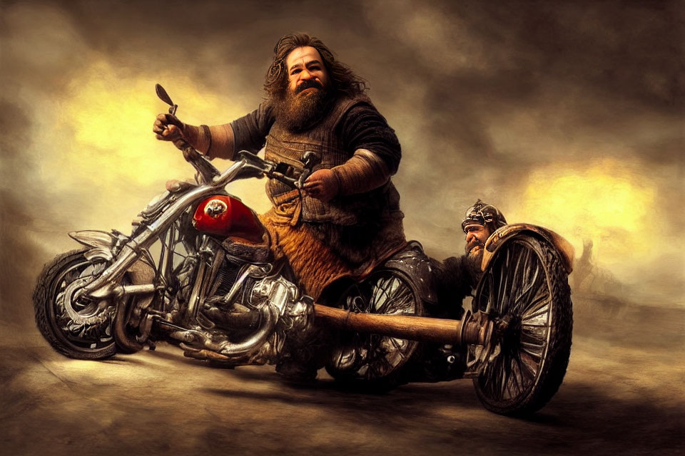 Bearded man in medieval attire rides chopper motorcycle through flames