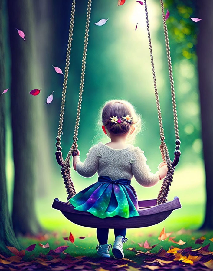 Young girl on swing in whimsical forest with leaves and birds.