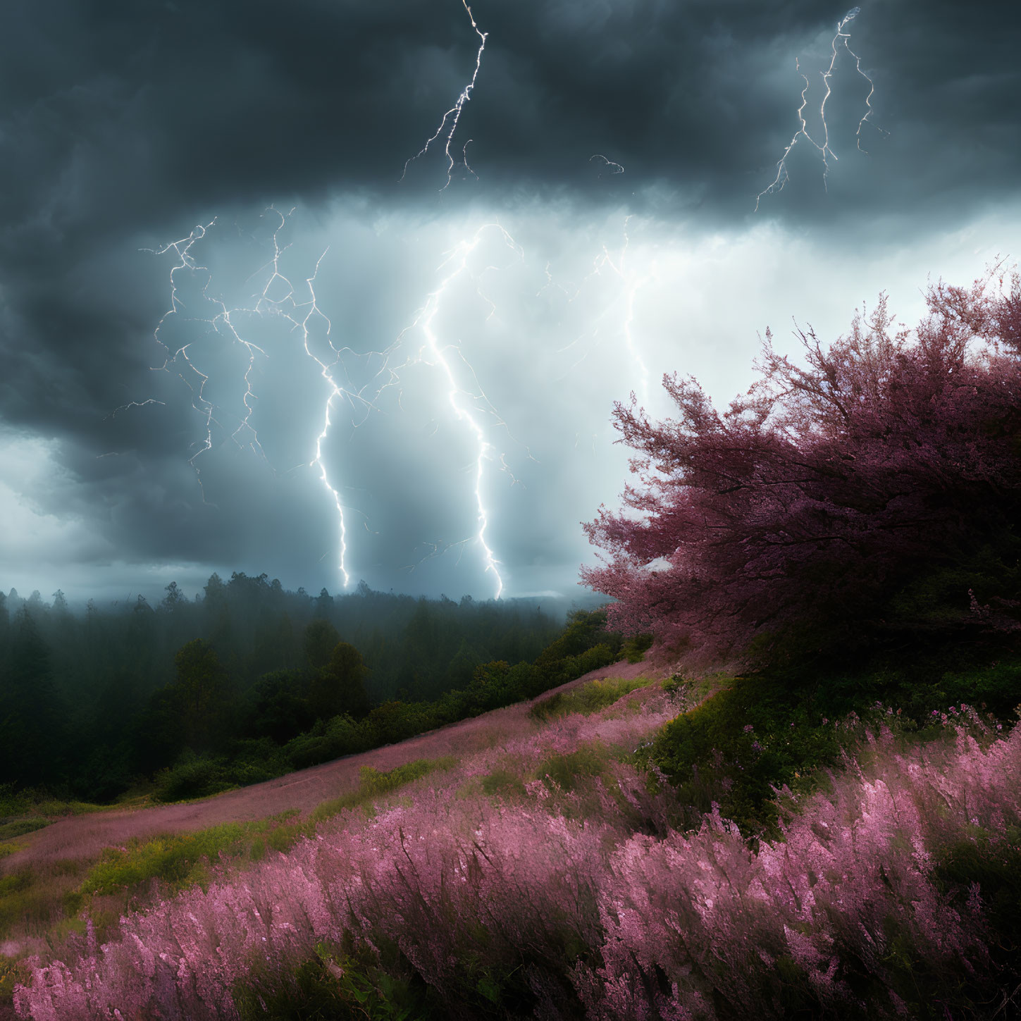 Dark stormy sky with multiple lightning strikes above vibrant pink and purple landscape