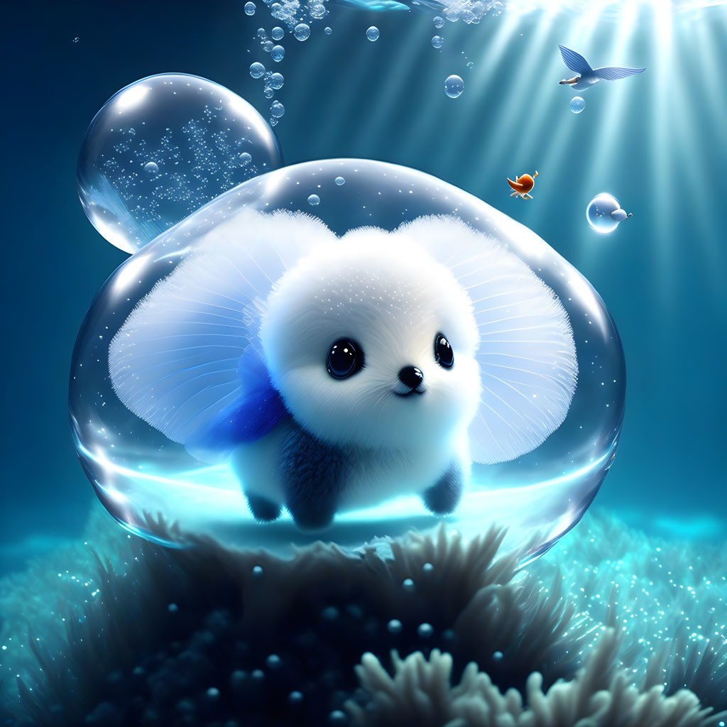 Fantasy-style illustration: Fluffy white creature with wings in underwater bubble