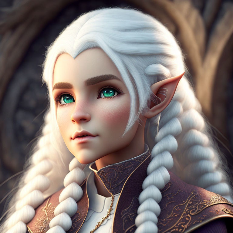 Elf illustration: White-haired, green-eyed with braided hair, in ornate attire