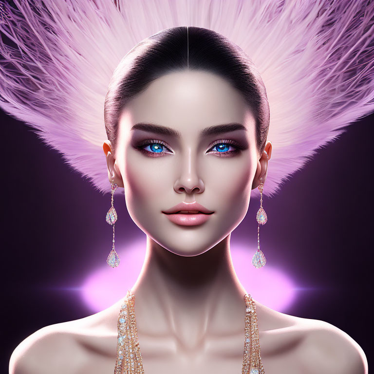 Digital artwork featuring woman with blue eyes, diamond earrings, white feather headdress, purple backdrop