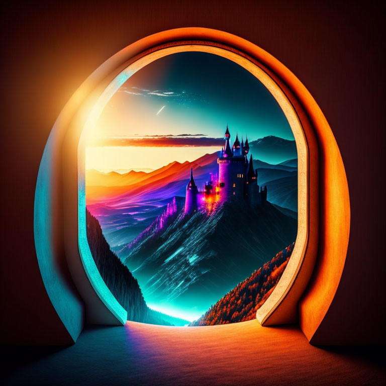 Fantasy castle scene viewed through circular portal at sunset