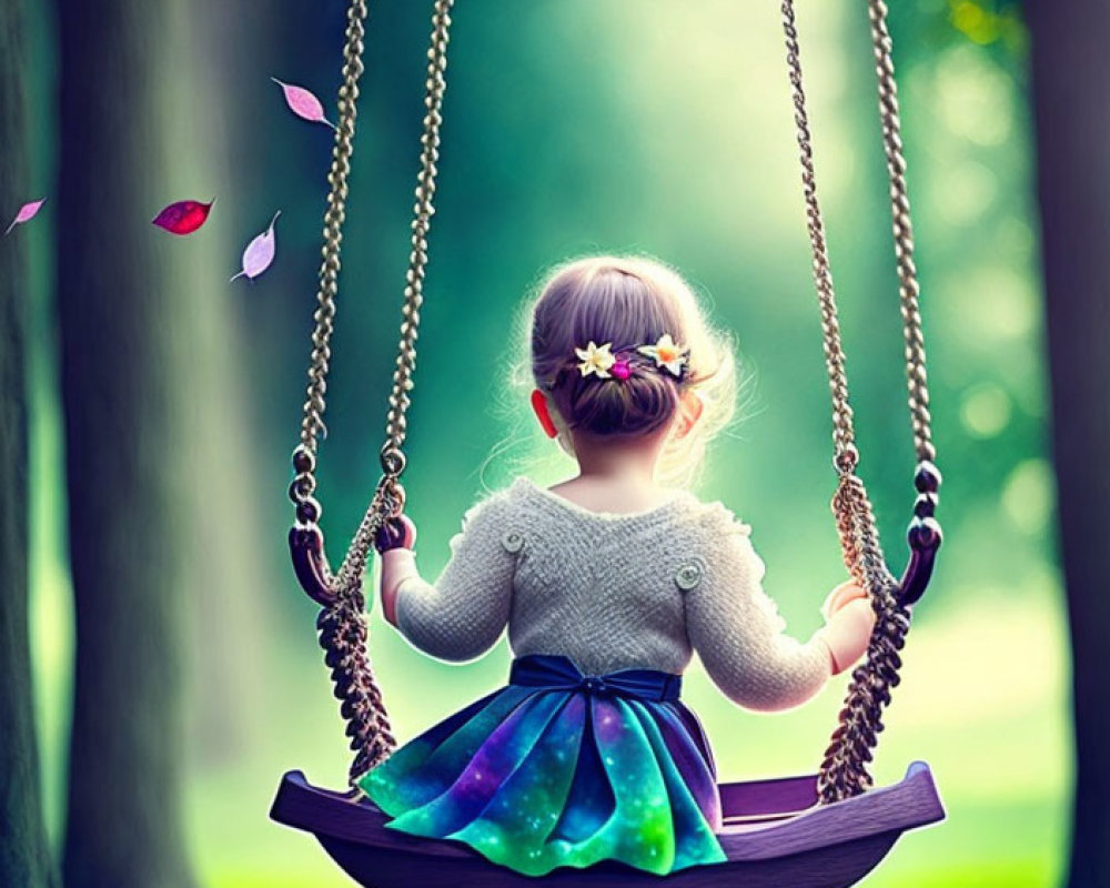 Young girl on swing in whimsical forest with leaves and birds.