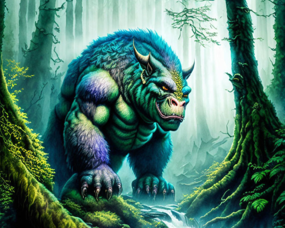 Blue and Green Beast with Sharp Claws in Misty Forest Scene