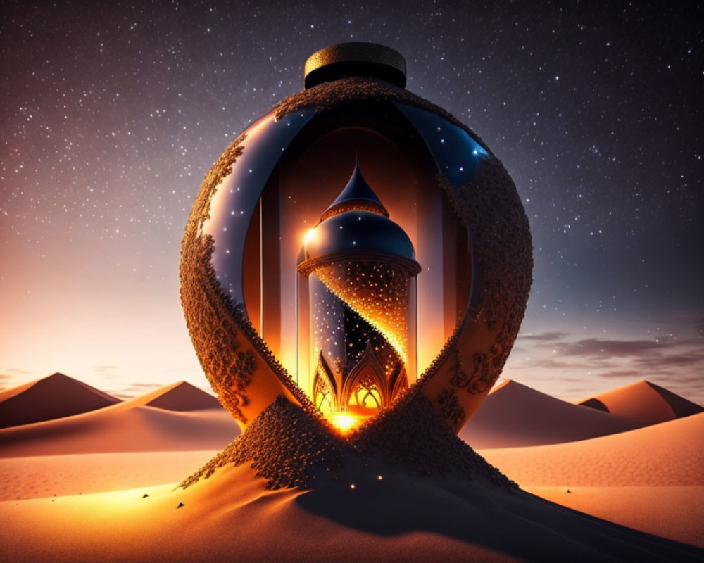 Surreal sand hourglass with cosmic interior and desert backdrop