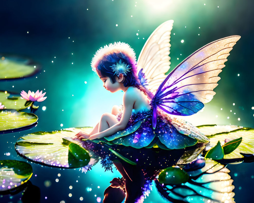 Digital Art: Glowing Fairy on Water Lily in Mystical Pond