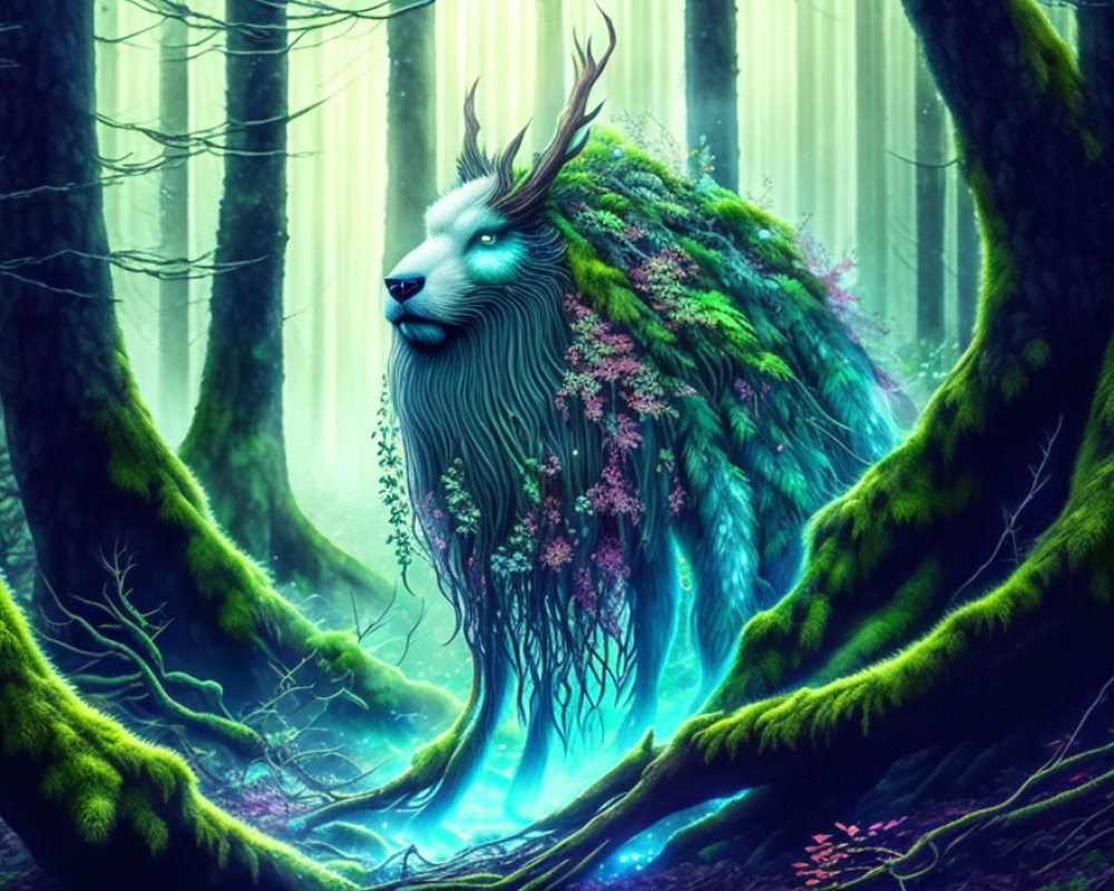 Stag-headed mystical creature in enchanted forest with glowing blue eyes