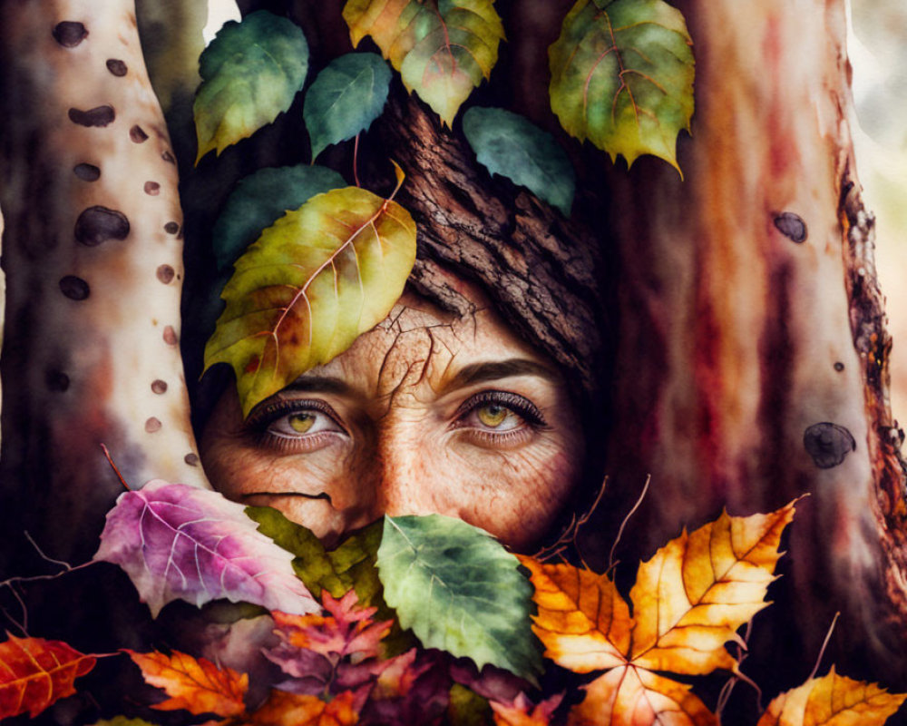 Woman Camouflaged in Autumn Leaves Watercolor Portrait