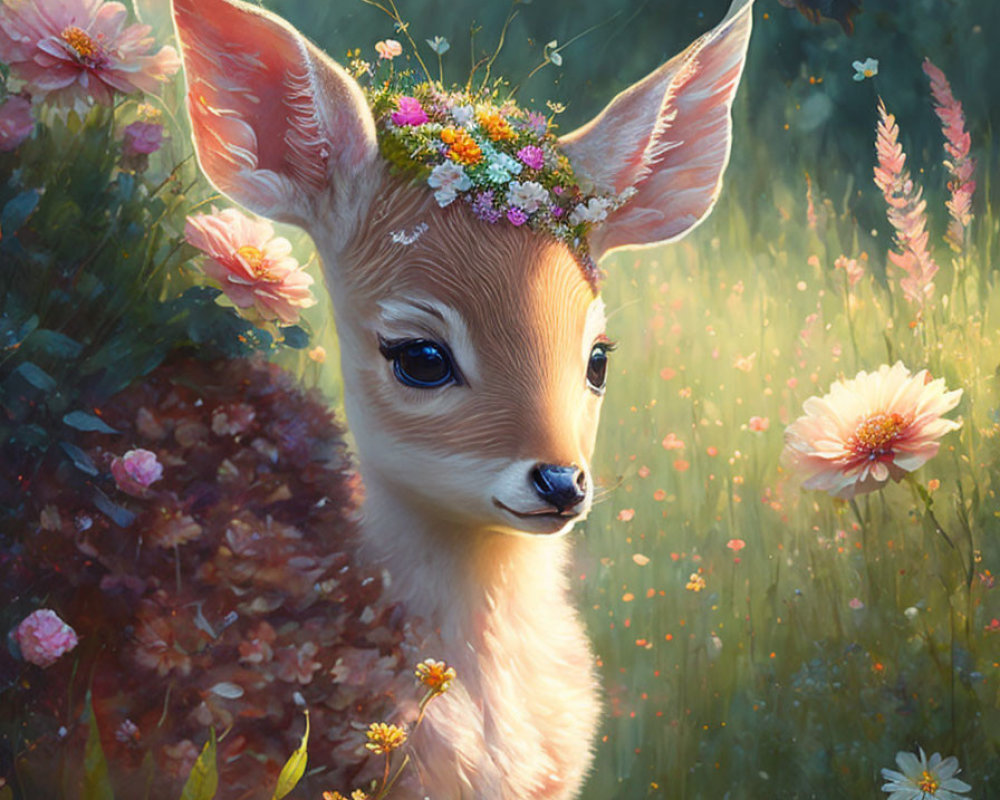 Young fawn with flower crown in enchanted forest clearing surrounded by blooming flowers and butterflies