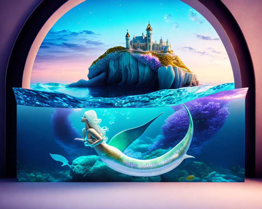 Colorful Underwater Mermaid Scene with Crescent Moon, Coral, and Castle