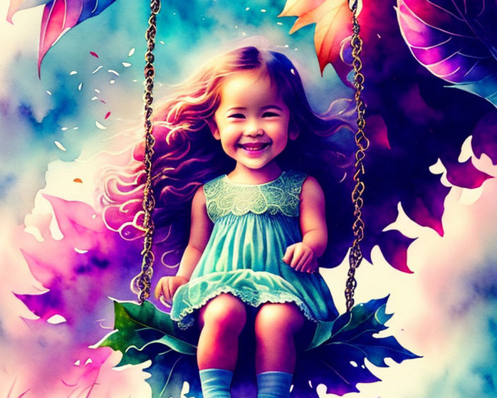 Young girl with wavy hair swings among colorful leaves in dreamlike scene