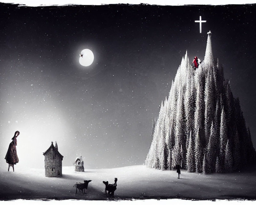 Monochrome stylized image of person, dogs, house, and snowy landscape